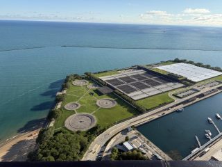 Milton Lee Olive, III Monument and Jardine Water Plant Aerial view of Chicago's Jardine Water Purification Plant and Milton Lee Olive Park from Lake Point Tower.