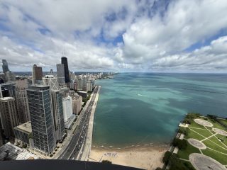 Lake Shore Drive - Northern View Chicago Lake Shore Drive northern skyline view featuring Lake Michigan Ohio Street Beach and coastal architecture.