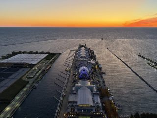 Chicago Navy Pier at Sunrise Chicago Navy Pier aerial view at sunrise featuring the Centennial Wheel and Jardine Water Plant.