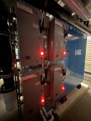 Chicago Commercial HVAC - Siemens Boiler Pump Controls A detailed view of Siemens electrical control panels and motor starters powering the inline water pumps for the newly installed Patterson-Kelley boilers at Lake Point Tower.
