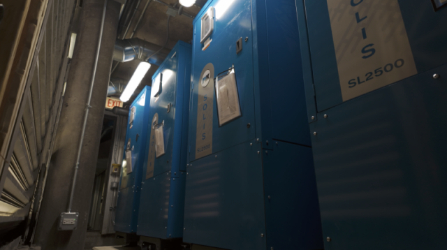 A striking low-angle view showcasing multiple newly installed, high-efficiency Patterson-Kelley commercial boilers lining the mechanical penthouse at Lake Point Tower in Chicago.