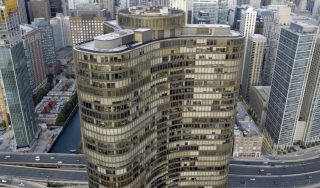 Lake Point Tower Chicago Architecture Iconic curved Lake Point Tower skyscraper in Chicago skyline aerial view