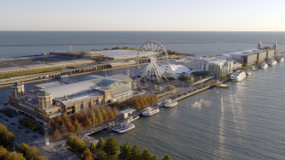 Chicago Municipal Infrastructure - Navy Pier & Water Treatment Plant Aerial Wide aerial view of Navy Pier, the Centennial Wheel, and the Jardine Water Purification Plant, highlighting Chicago's large-scale municipal and commercial lakefront infrastructure.