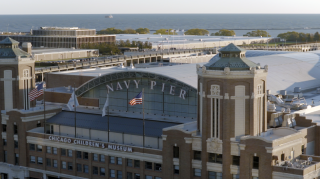 Chicago Municipal Infrastructure - Navy Pier Main Entrance Elevated wide view of the main entrance to Navy Pier, highlighting large-scale commercial and municipal facilities along the Chicago lakefront.