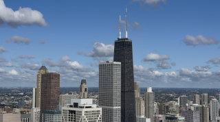 Chicago Skyline - John Hancock Center Aerial Chicago Near North Side skyline view highlighting the John Hancock tower from Lake Point Tower.